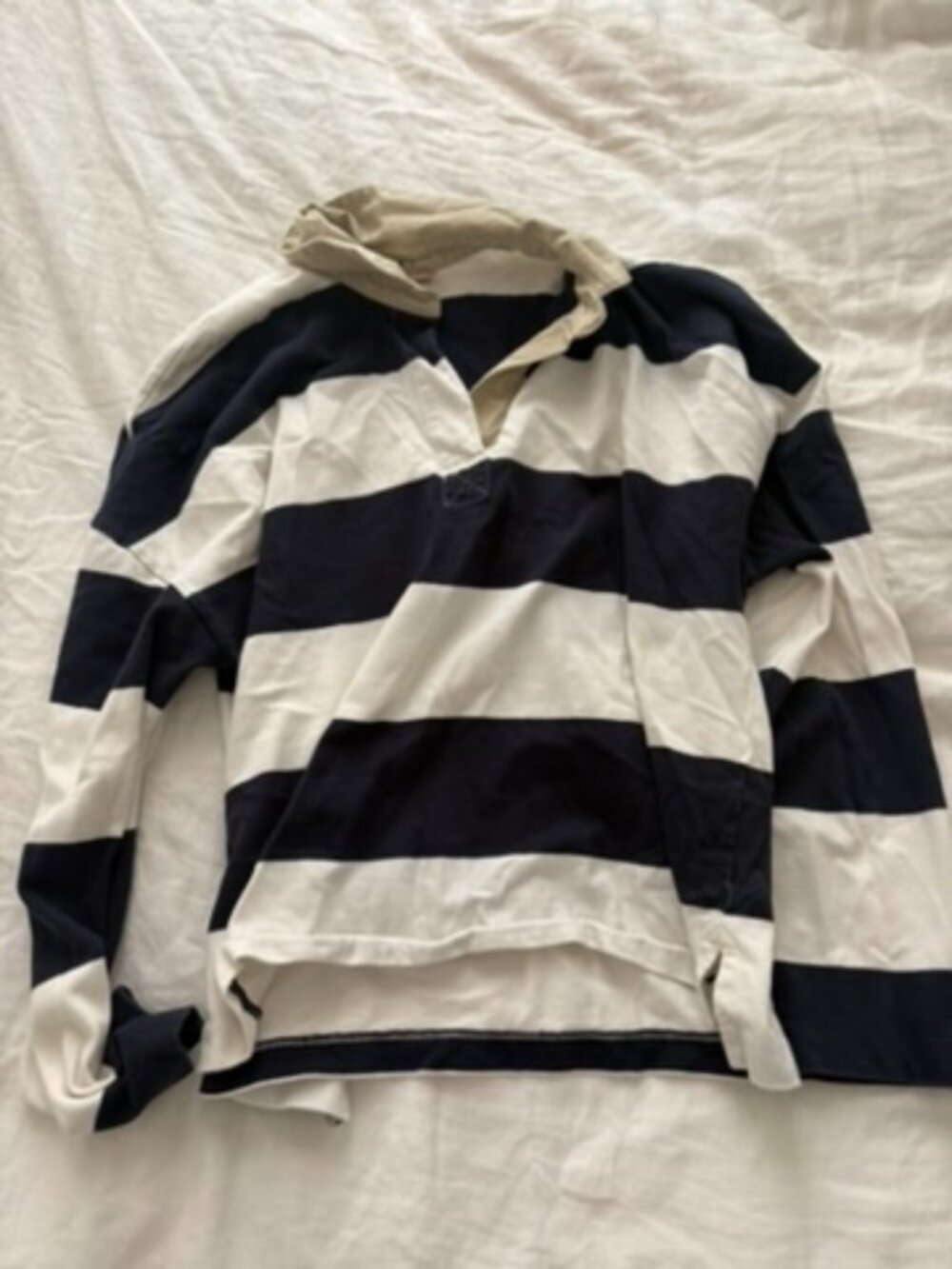 L.L.Bean Signature Navy Cream Striped Rugby Polo Shirt Size L